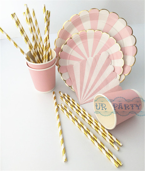 Wholesale-40 People Party Paper Plates Napkins Cups Straws Disposable Tableware Metallic Gold Pink Stripe Theme Party Wedding Decor