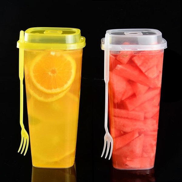 960ml disposable cups thick transparent plastic drink cups tea cup with lid juice cup with fork QW7516