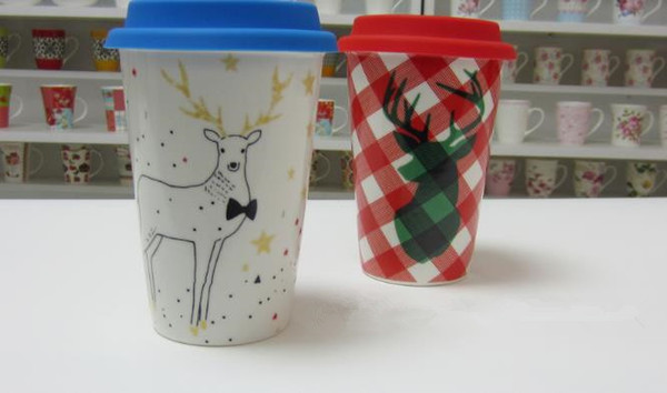 hotsale Creative Christmas gifts mug silicone lid cup elk ceramic cup coffee cup snow star picture mugs a109