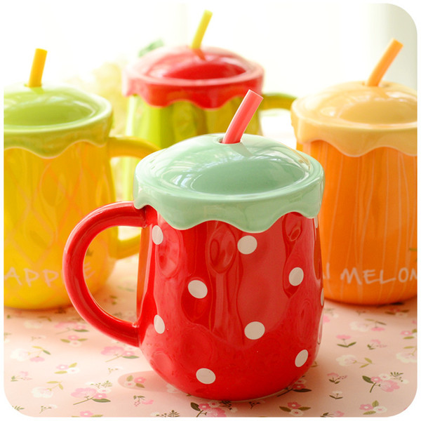 Creative Large Capacity Cups Cute Color Fruit Mug With Cover Spoon Environmentally Ceramic Juice Cup 2017 Fashion Home Drinkware Wholesale