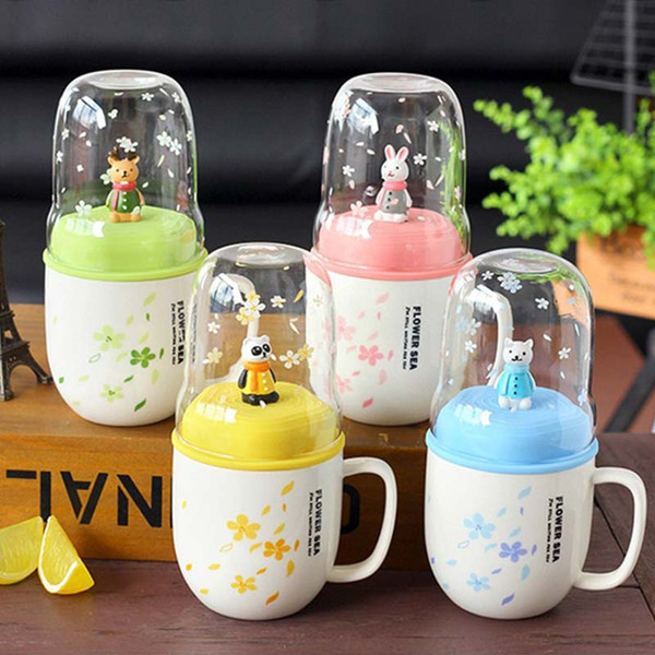 Mini Animal Stainless Steel Spoon Ceramic Mug With Silicone Lid Creative Cartoon Multifunction Glass Coffee Cups 2017 Fashion Home Drinkware