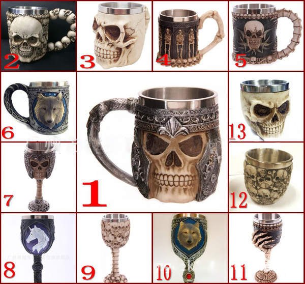 3D Resin Stainless Steel goblet Cup Skull series Double layer heat preservation Water Bottles wine glass Tumblerful Mugs 13 style wholesale