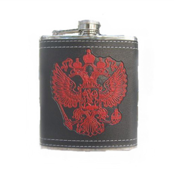 Stainless Steel 8oz Mini Hip Flasks Red National Emblem Design Pattern Leather Whiskey Flask