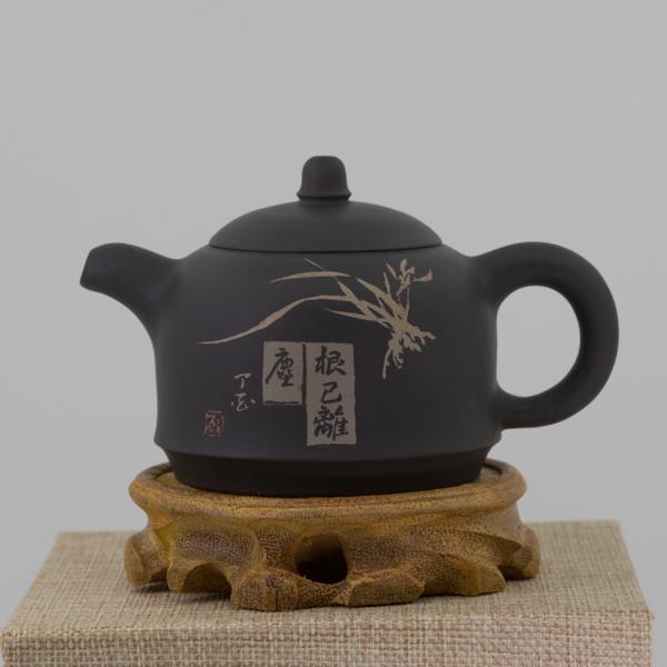 180ml Satin Black Handmade Jianshui tea pot Jin Lan with bamboo decoration and calligraphy - Yunnan Craft purple pottery from Jian Shui