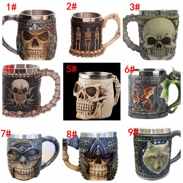 3D Striking Skull Warrior Tankard Viking Skull Beer Mug 3D Skull Dragon Coffee Tea Bottle Mug Stainless Steel Cup 9 design KKA1779