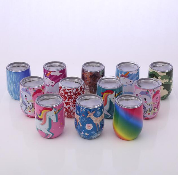 Unicorn Pattern Stemless Wine Cup Powder Coated Stainless Steel Wine Glass with Lid in Various Colors 9 OZ Wine Cup DHL Free