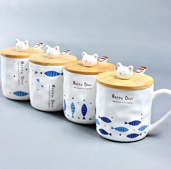 Ceramic Breakfast Milk Cup Cartoon Ceramic Cup Japan Zakka Creative Cat and Fish Cup with Cover Spoon