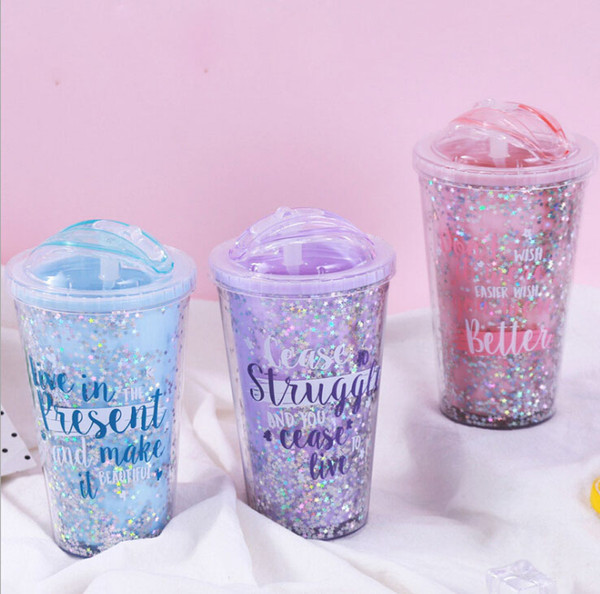 420ml Creative Colorful Double Layer Plastic Cup With Lid Summer Gold Powder Juice Cup Water Cup With Straw