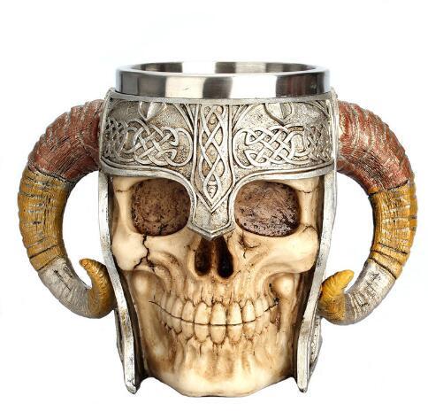 Stainless Steel 3D Skeleton Knight Coffee Cup Horror Halloween Skull Shaped Mug Cup With Double Horned Handle Drinking Cups DH1192