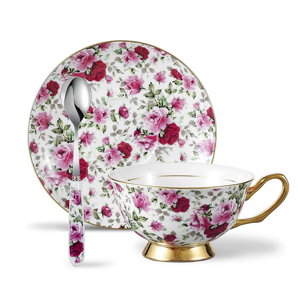 Luxury 6.8oz/200ml Bone China Teacup and Saucer Set with Spoon - Pink and Red Floral Porcelain Afternoon Tea Cup