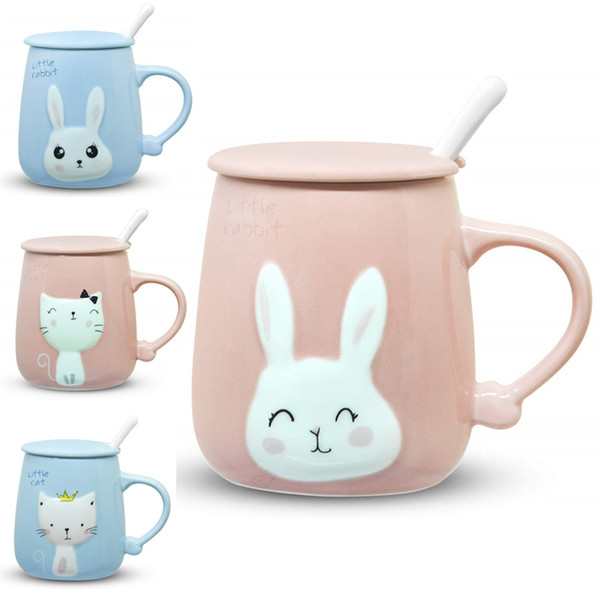 Pink Cat Mug 450ML, Cute Kitty Coffee Mug Cup with Lid and Ceramic Spoon for Cat Lovers