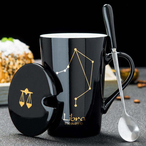 12 Constellations Creative Ceramic Mugs with Spoon Lid Black and Gold Porcelain Zodiac Milk Coffee Cup 450ML Water Drinkware