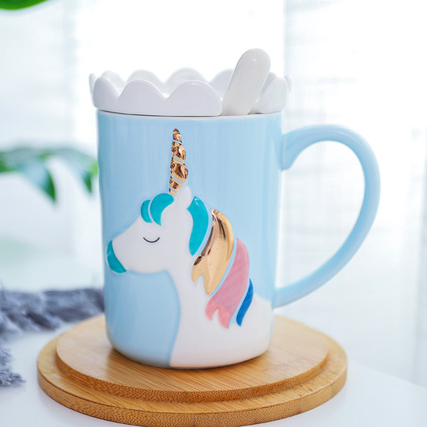 3D Glod Unicorn Coffee Mug With Spoon And Crown Lid Creative Drinking Coffee Tea Milk Juice Cup Christmas Gift