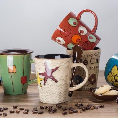 creative hand-painted ceramic mugs with cover and spoon afternoon milk coffee cups household office water mug gifts