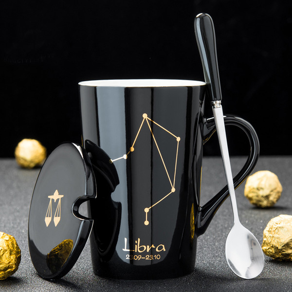 12 Constellations Ceramic Coffee Milk Mug with Spoon Lid Black and Gold Porcelain Zodiac Ceramic Cup 420ML Home Water Drinkware