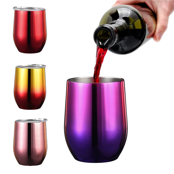 Rainbow 12 oz Egg shaped Cups Wine Glass Stainless steel tumbler Stemless Double water bottle Coffee Mugs with Clear Lids