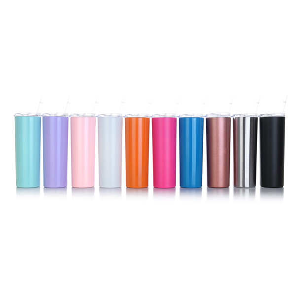 20oz Solid skinny Straight Cup Stainless Steel tumblers Flask Double Wall Drinkware Stemless coffee Mug With Straw Lid