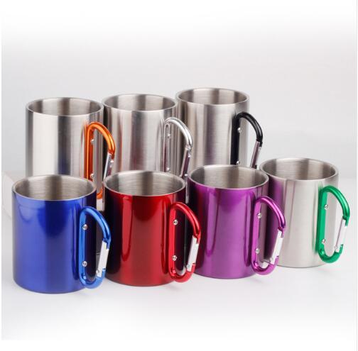 220ml Outdoor Stainless Steel Coffee Mug Travel Camping Cup Carabiner Aluminium Hook Double Wine glass