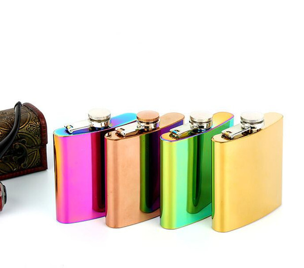 6oz Stainless Steel Jug Portable Hip Flask Rainbow Colorful whiskey flagon Gradient UV plating Gold Wedding Gift