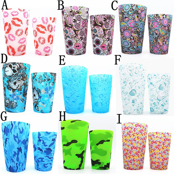 9 Colors Silicone Stemless Wine mug 370ml Large Capacity portable folding Outdoor travel cups Camo Lip Bohemia National Skull tumbler