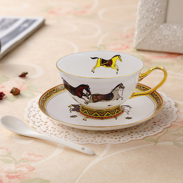 Porcelain tea cup and saucer ultra-thin bone china god horses design outline in gold coffee cup and saucer set gift-box packing