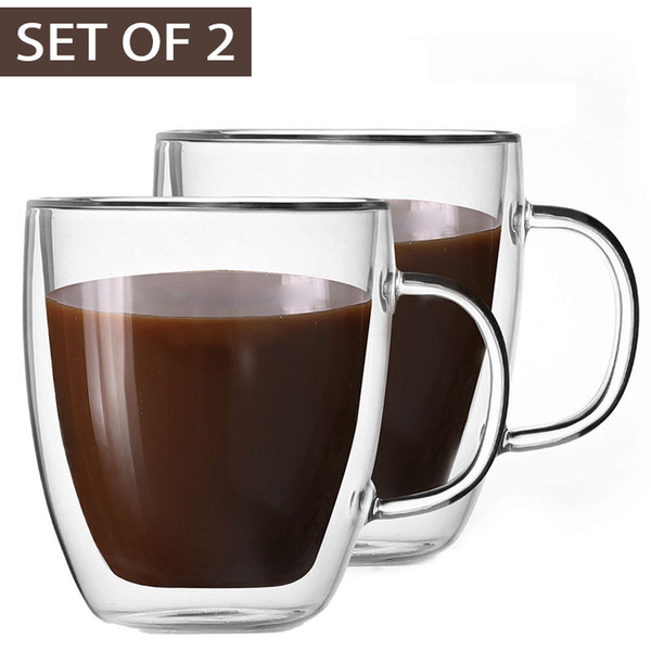 Cupwind Glass Coffee Mugs - Double Wall Insulated Mug Set with Handle - Clear Glass Cups for Drinking Tea, Latte, Espresso, Juice, or Water,