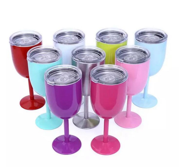 100pcs 9 Colors 10oz Wine Glasses 304 Stainless Steel Double Wall Vacuum Insulated Cups With Lids Red Wine Cups