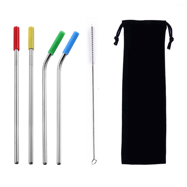 5pcs/lot stainless steel drinking straws set with brush+cashmere bag+ silicone sleeve fit for 20oz/30oz cup