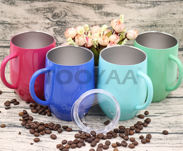 12oz Stainless Steel Double Walled Coffee Mugs with Handle and Lid Metal Wine Glass Thermos Stemless Powder Coated Travel Beer Mugs