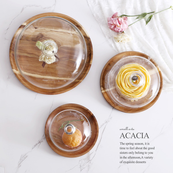 Acacia Wooden Plate For Cake Fruit Dessert Serving Trays Creative Wedding Birthday Party Afternoon Tea Tray With Cover S M L C19042101