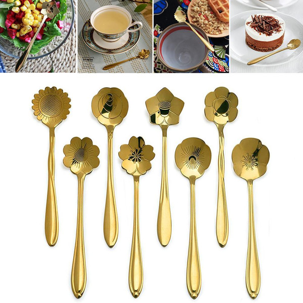 8Pcs/lot Stainless Steel Golden Cherry Blossom Spoon Flower Shape Tea Coffee Spoons Ice Cream Spoon Flatware Kitchen Gadgets