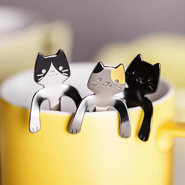 Mini Cat Coffee Tea Spoon Cute 304 Stainless Steel Hanging Spoon Reusable Handle Scoop Portable Tableware Kitchen Gadget 3pcs