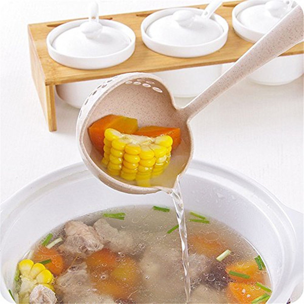 Wheat Straw Soup Spoon 2 in 1 Creative Long Handle Lovely Porridge Spoons with Filter Dinnerware Kitchen Colander Tools