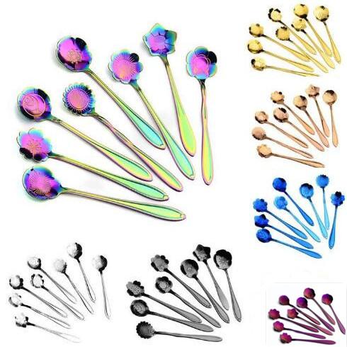 7 colors flower mixing spoon Stainless steel colorful flower coffee spoon 8 kinds of flower shape tea spoon