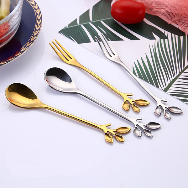 Creative Leaf Shape Handle Coffee Spoon Teaspoon Dessert Snack Scoop Fork Couple Spoon/Fork Kitchen Accessories Tableware