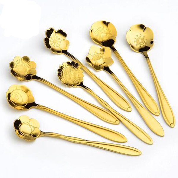 8pcs Flower Teaspoon Stainless Steel Coffee Stirring Spoon Tea Coffee Tableware Flower Cherry Blossom Sunflower Dessert Spoon