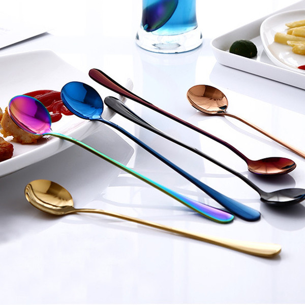 1pcs Round Head Long Handle Spoon Colorful Stainless Steel Spoons Flatware Drinking Tools Kitchen Gadget Coffee Fruit Teaspoon