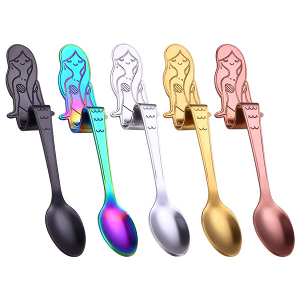 Mermaid Coffee Spoon Curved Stainless Steel Condiment Spoon Kitchen Bar Cafe Tableware Party Favor Gift Scoop Cutlery