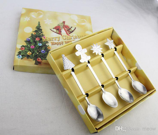 Christmas Coffee Spoon Set Xmas Spoon Kit Cartoon Cutlery Gifts Golden Gift Packing Set of 4