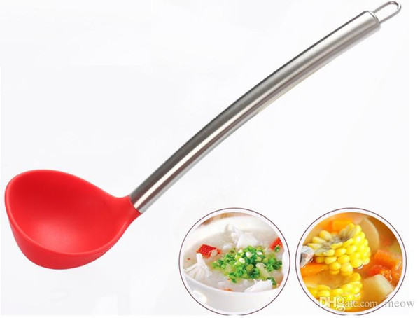 Silicone Spoon with Stainless Steel Handle Heat Resistant Non Stick Large Soup Spoon 36.5cm 14.5 inch Kitchen Cookware