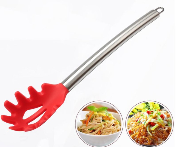 Silicone Spaghetti Server - Heat Resistant Non-Stick Silicone Pasta Fork with Stainless Steel Handle Large Slotted Spoon