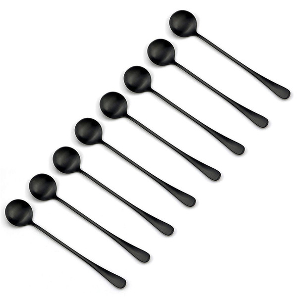 8 Pieces Cute Matte Black Teaspoons Coffee Soup Round Long Handle Scoops 18/0 Stainless Steel Dinner set Ice Cream Cocktail TableSpoons