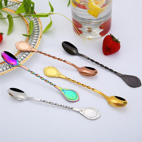 New stainless steel coffee spoon 304 creative titanium-plated spiral stirring spoons bar mixing spoon long handle spoon T8I075