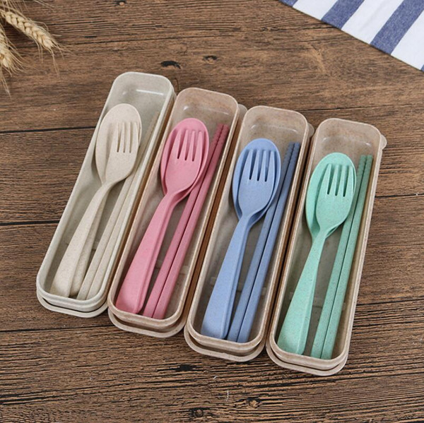 Exquisite Health Environmental Wheat Platycodon Straw Cutlery Set Portable Camping Tablewarel Spoon Fork Chopsticks Custom Logo LX3963