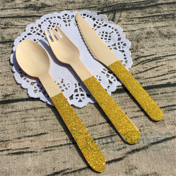 36pcs Glitter Gold Disposable Wooden Cutlery for Wedding Party Favor Twinkling Spoons Forks Knives Birthday Baby Shower Party Supplies