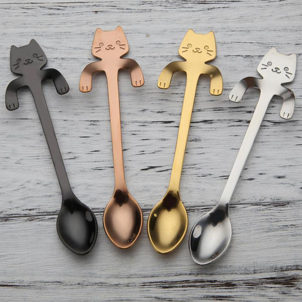 ECO Friendly Cute Cat Tea spoons Stainless Steel Cartoon Cat spoons Creative Ice Cream Dessert Long Handle Coffee Tea Spoon Tableware Colors