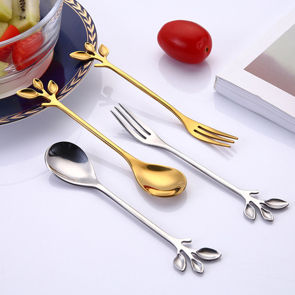 Creative Leaf Shape Handle Coffee Spoon Teaspoon Dessert Snack Scoop Fork Couple Spoon/Fork Kitchen Accessories Tableware