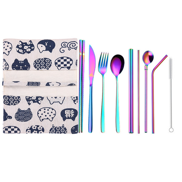 9pcs/set 5 colors high-grade gold cutlery flatware set spoon fork knife drinking straw teaspoon stainless luxury dinnerware set