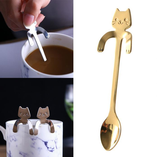 Silver/Gold/Rose Gold/Black Stainless Steel Cute Cat Shape Coffee Tea Spoons Stirring Spoon Hangings Style E2S