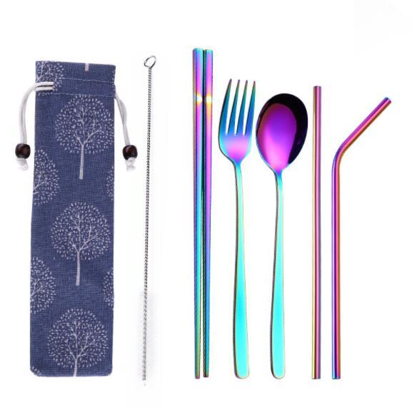 DHL Rainbow Stainless steel Cutlery Set with Portable bag 3PCS/SET and 5PCS/SET Flatware spoon Fork chopsticks straw brush color Tableware